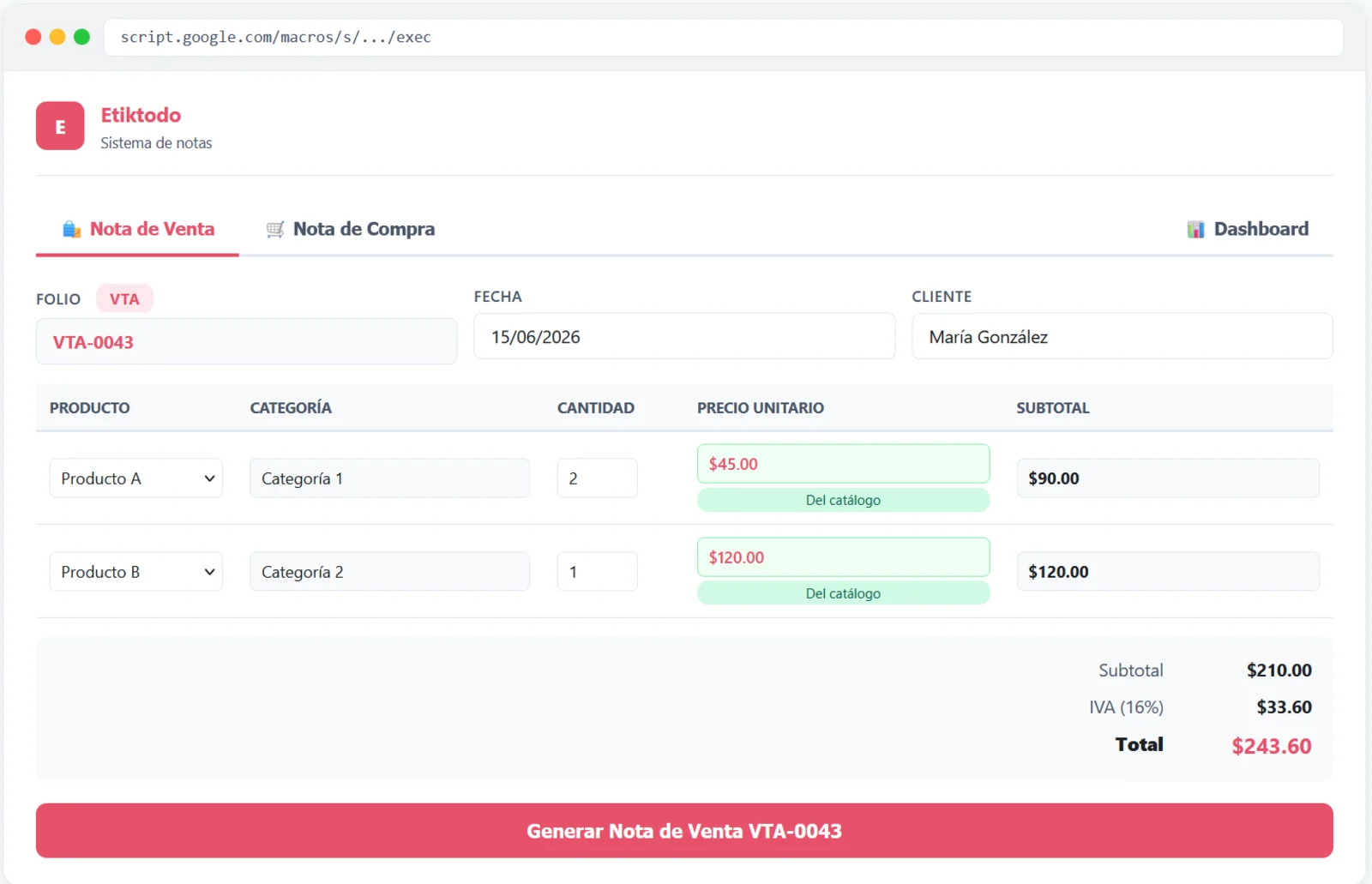 Sistema de notas de venta y compra