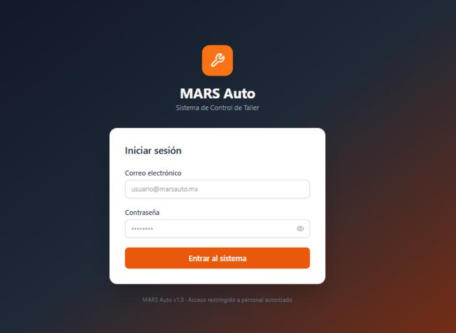 Acceso al sistema de control de taller MARS Auto