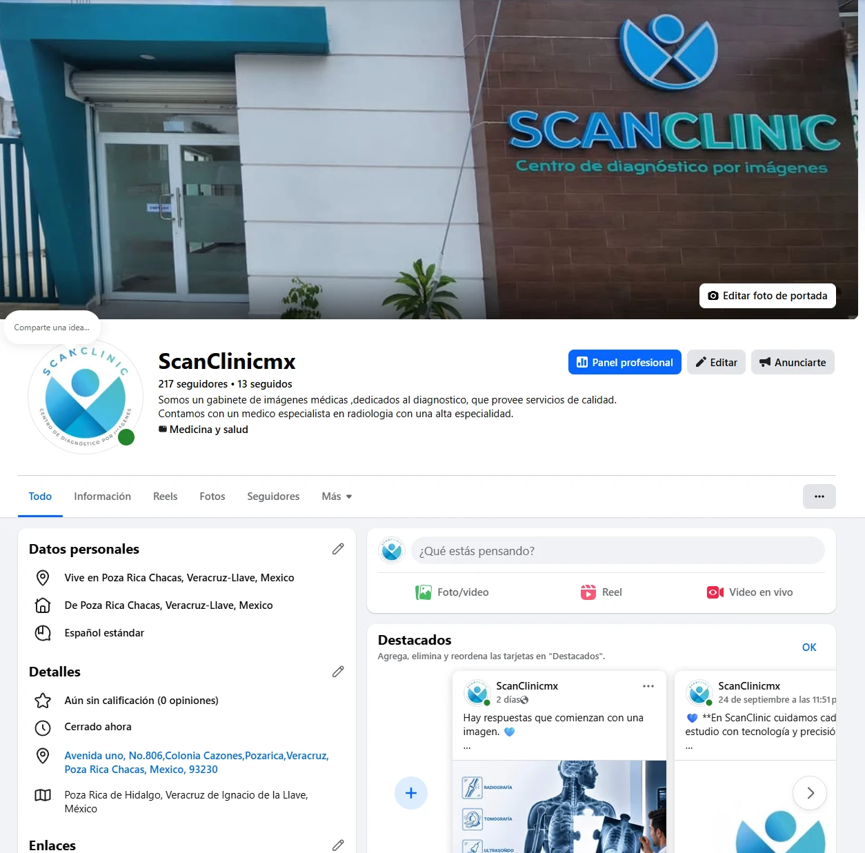 Página de Facebook de ScanClinic con identidad visual: portada, foto de perfil y descripción